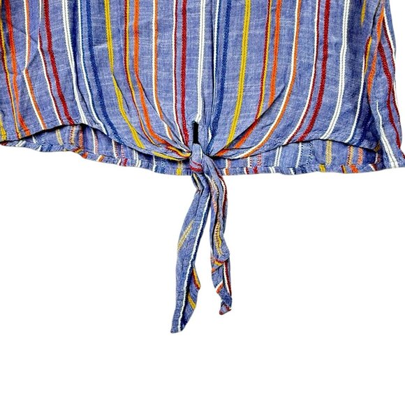 K.I.T Striped Top Womens Large Chambray Multicolor Tie Front Blouse Boho Beachy - Picture 3 of 5
